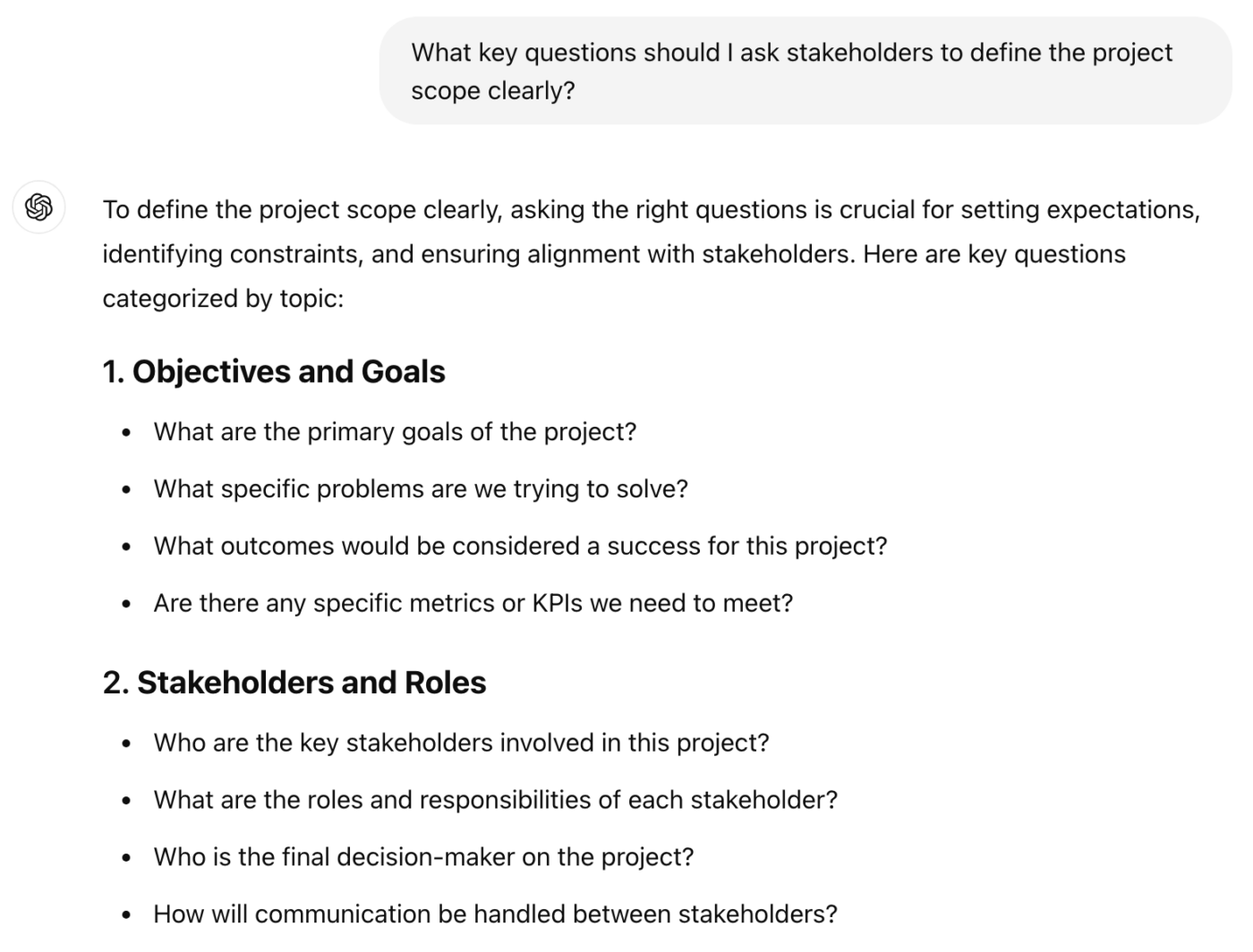 ChatGPT prompt per il project management: Quali domande chiave dovrei porre agli stakeholder per definire chiaramente l'ambito del progetto?