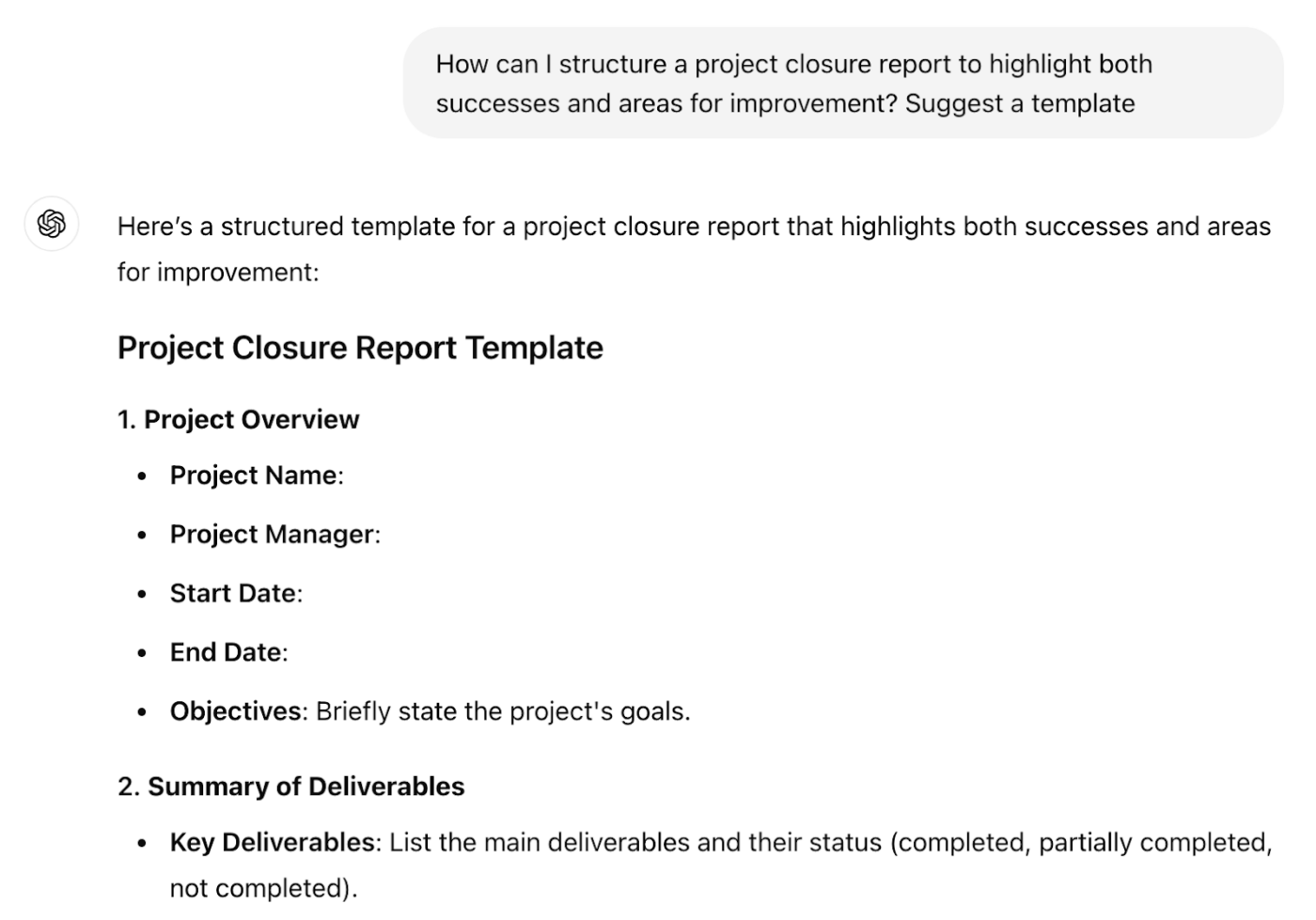 ChatGPT prompts for project management: Template for structuring project closure report