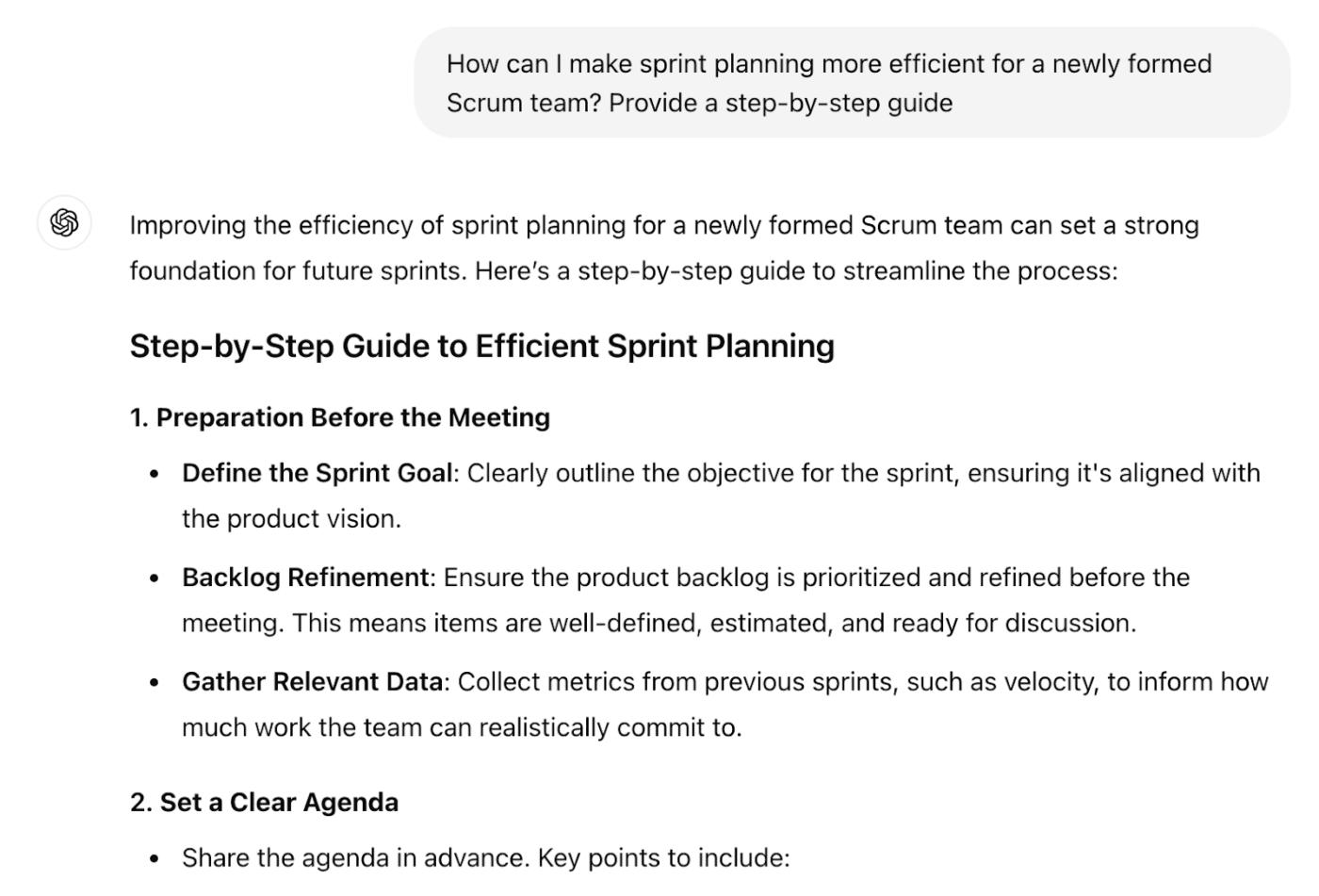 Prompts do ChatGPT para gerenciamento de projetos: Planejamento de Sprint para uma equipe Scrum recém-formada