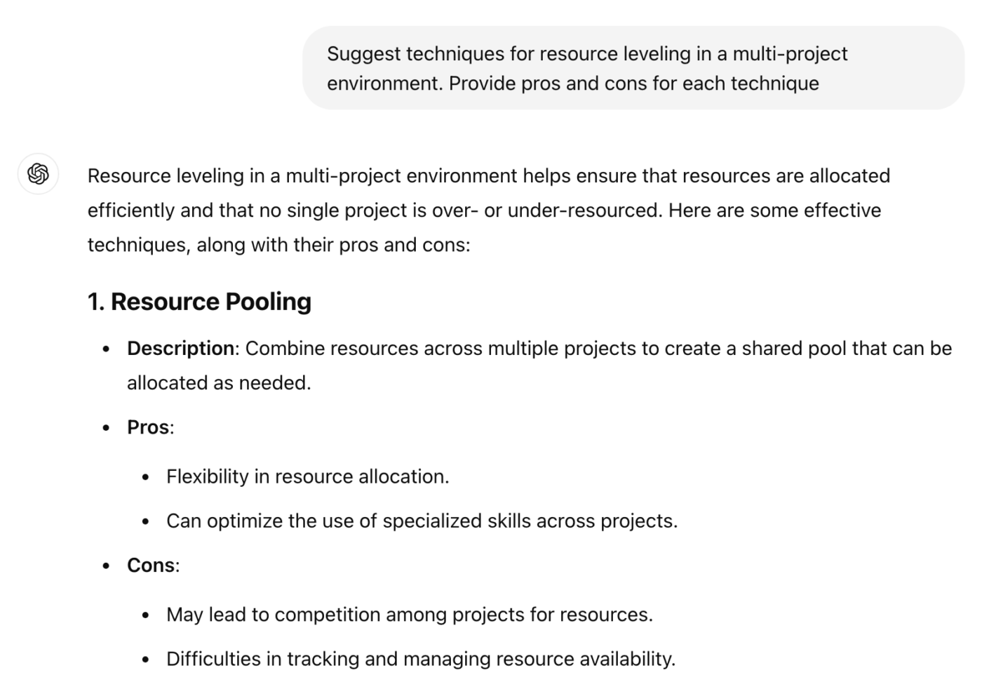 ChatGPT invite, instructions pour la gestion de projet : Techniques de nivellement des ressources dans un environnement multi-projets