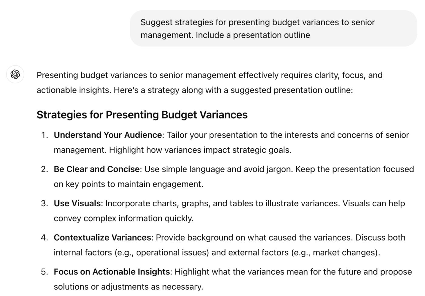 ChatGPT invite, instructions pour la gestion de projet : Stratégies de présentation des écarts budgétaires à la direction générale