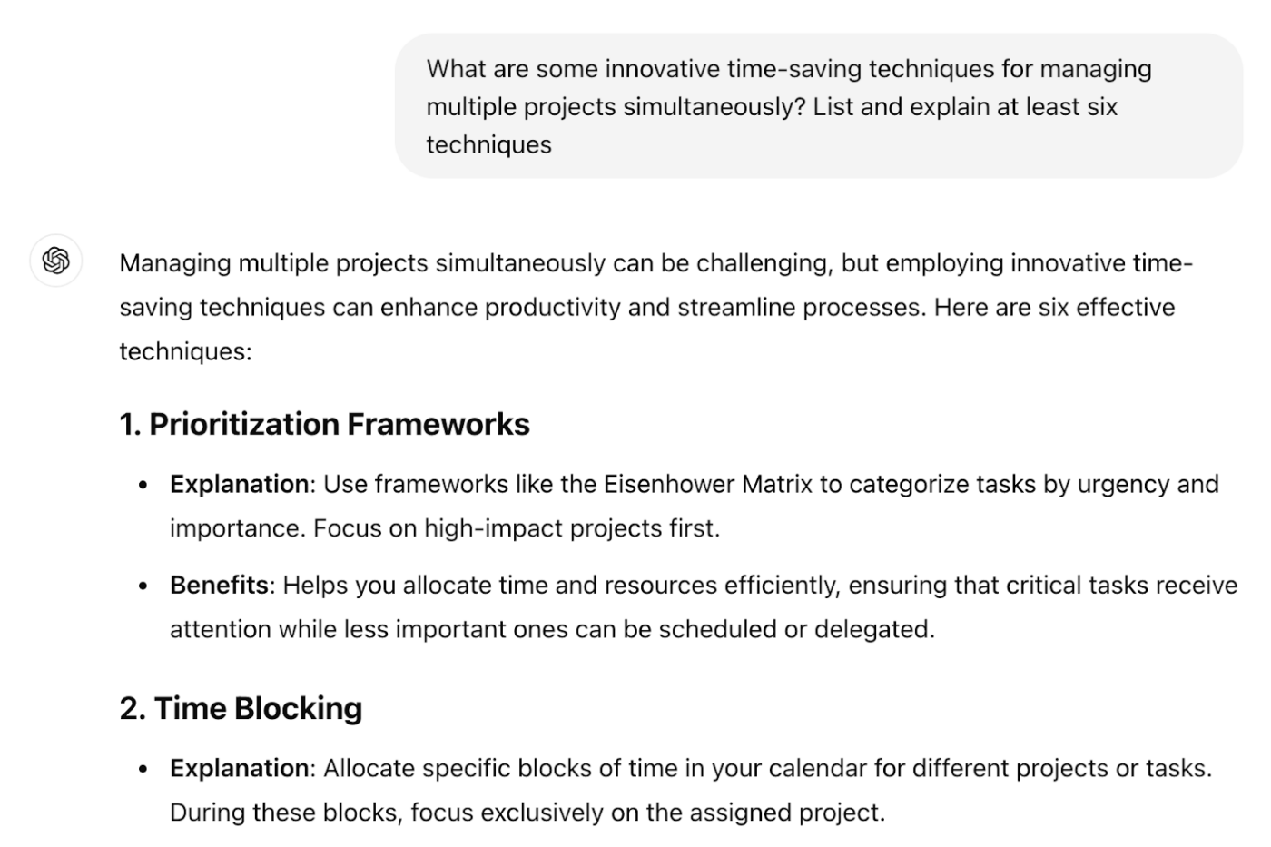 ChatGPT invite, instructions pour la gestion de projet : Techniques de gestion de plusieurs projets simultanément