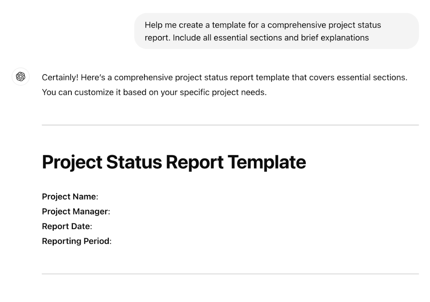 ChatGPT prompts for project management: Template for a comprehensive project status report