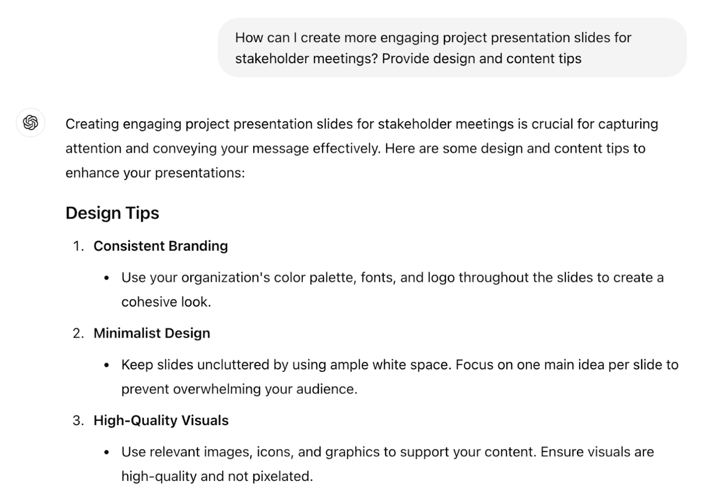 ChatGPT invite, instructions pour la gestion de projet : Diapositives de présentation du projet pour les réunions des parties prenantes