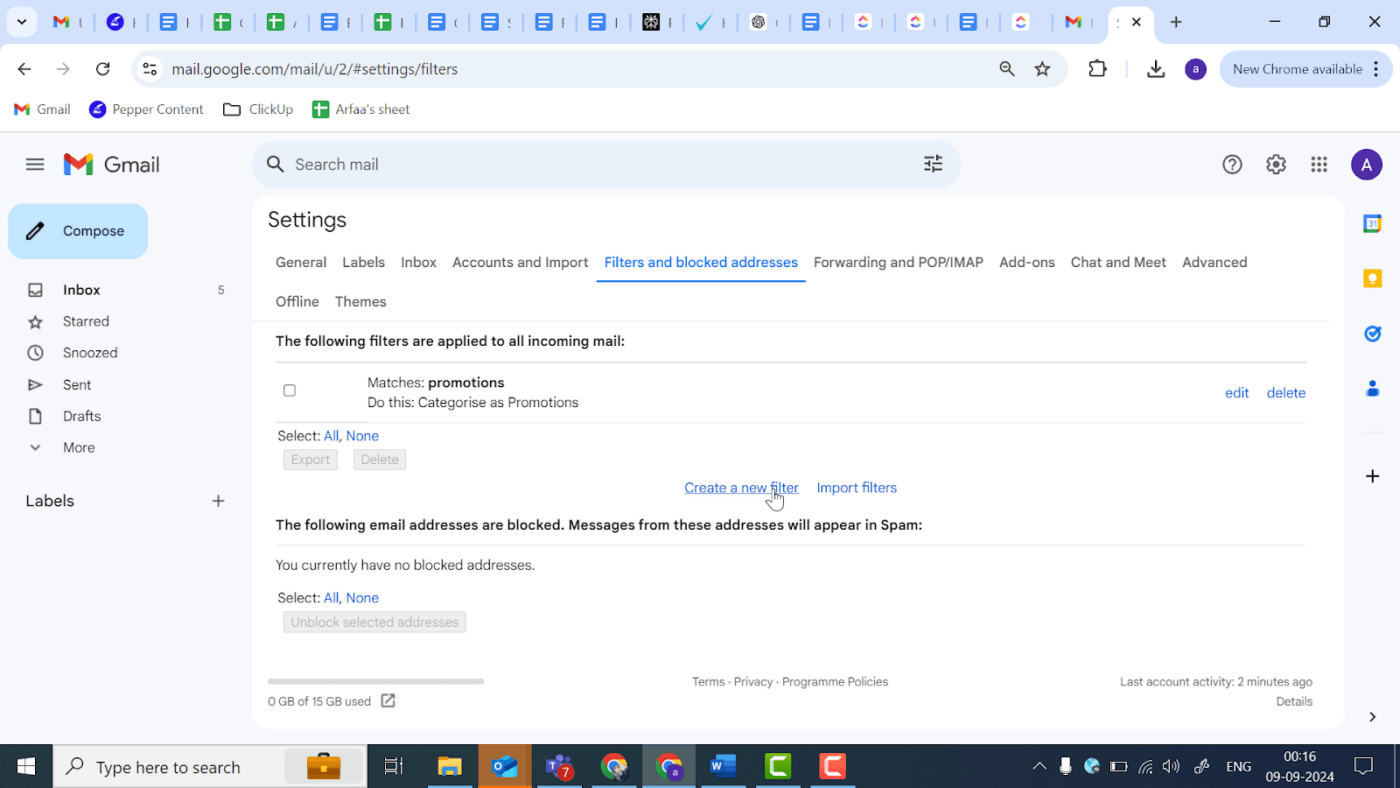 Créer un nouveau filtre dans Gmail