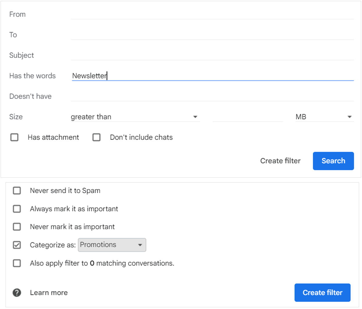 Organização de boletins informativos e e-mails promocionais: criar regras no gmail