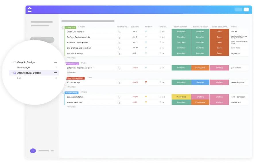 Planeje, organize e coordene com eficiência projetos de design arquitetônico com o ClickUp Architectural Design Template