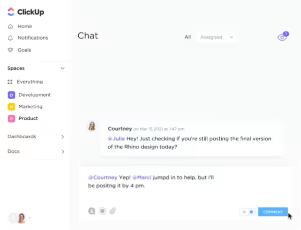 Communicate and resolve conflicts in real time with ClickUp Chat 