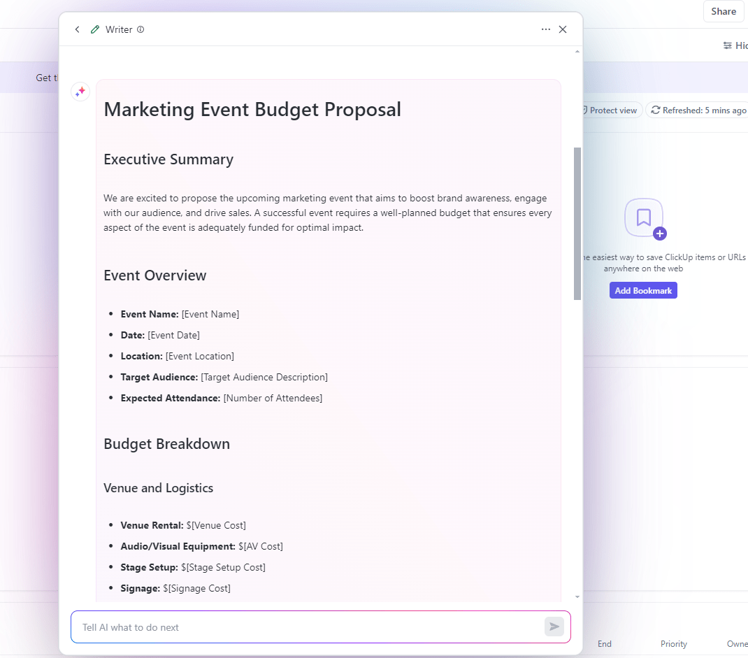 budgetvorschlag mit ClickUp Brain erstellen