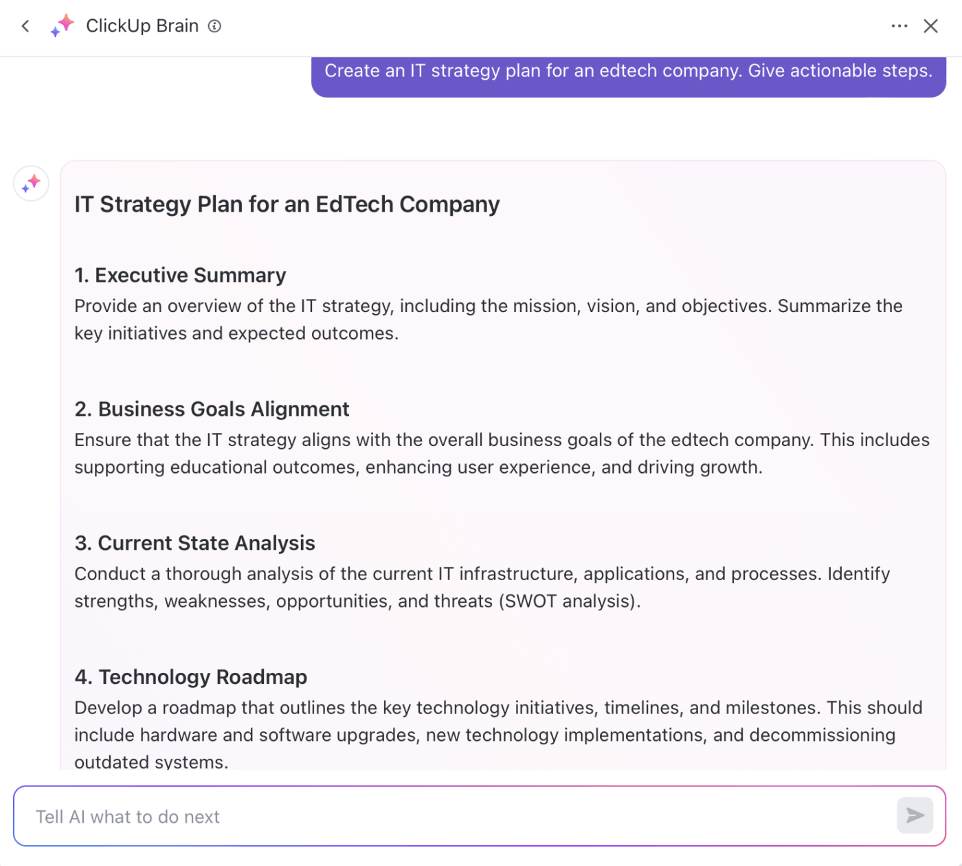 Create an actionable IT strategic plan with ClickUp Brain