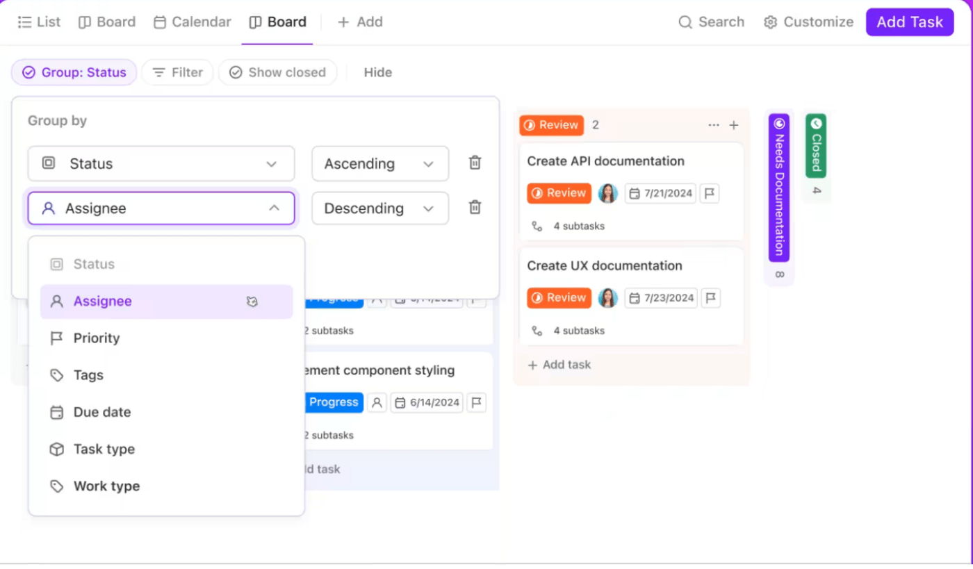 Verwenden Sie die ClickUp Kanban Board Ansicht, um Workflows zu visualisieren