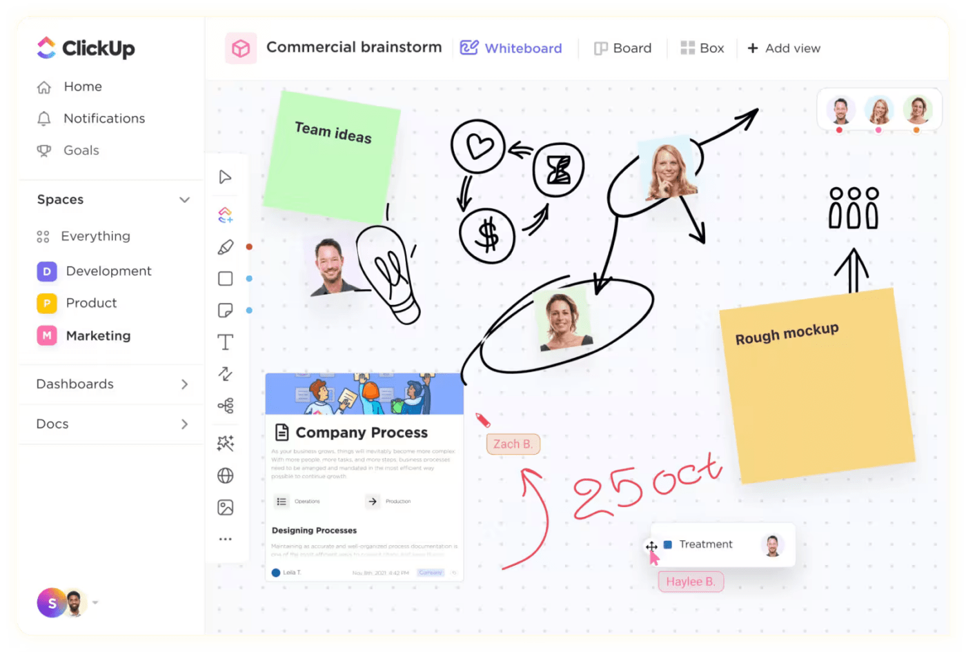 Gebruik ClickUp Whiteboards om ideeën voor evenementenpromotie te brainstormen