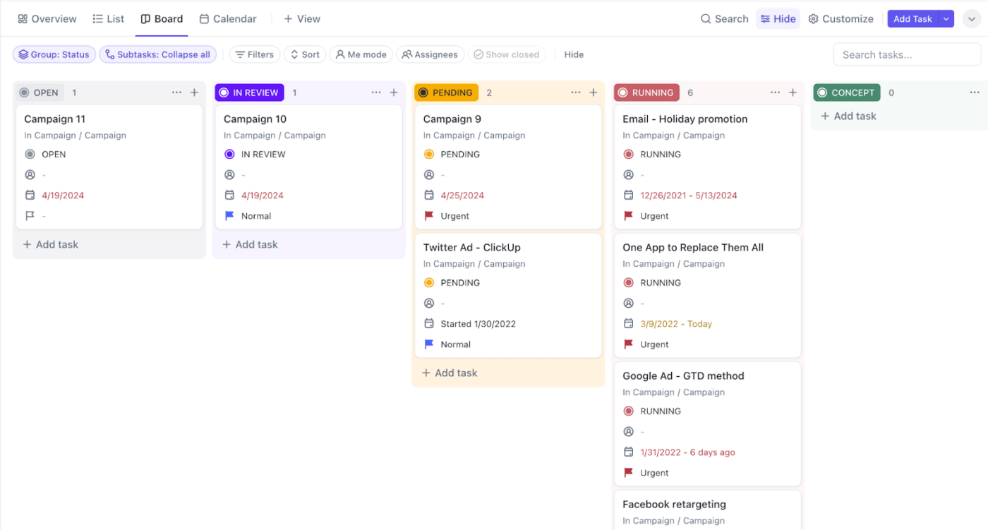 Utilice la vista Tablero de ClickUp para visualizar el flujo de trabajo de la gestión de activos digitales