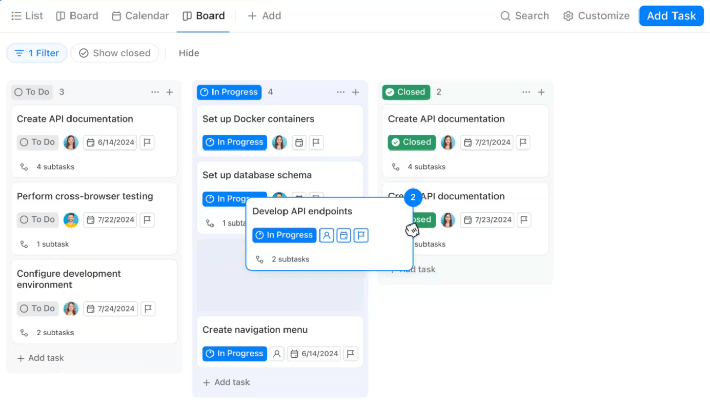 Use o ClickUp Board View para acompanhar seu progresso ao aprender habilidades de alta renda