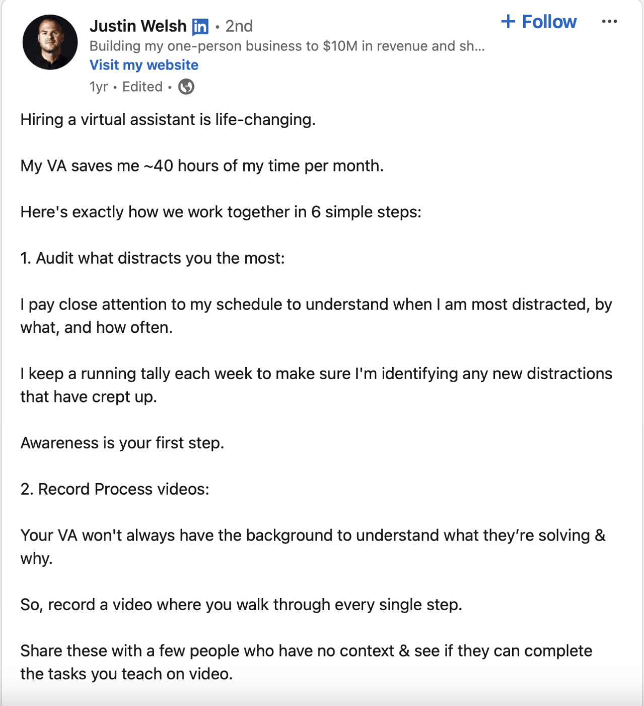 LinkedIn post on the importance of a virtual assistant