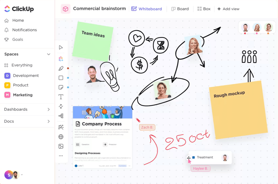 Brainstorm ideas using ClickUp Whiteboards to create a sales process flowchart