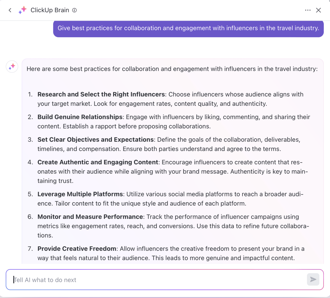 Użyj ClickUp Brain do współpracy z influencerami