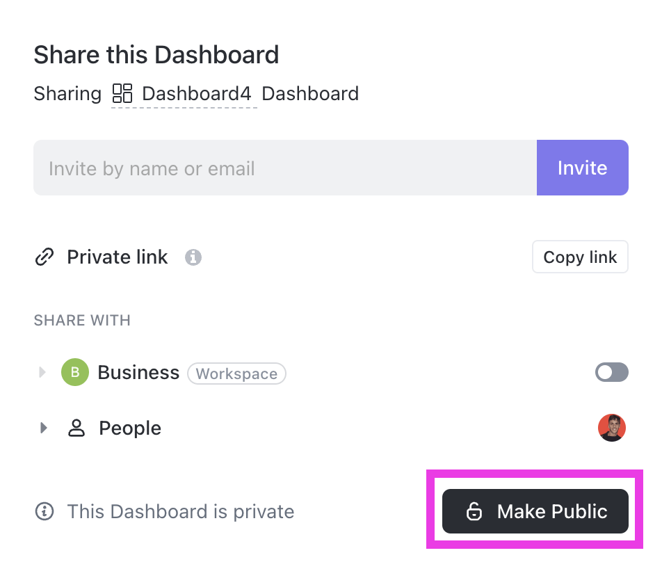 Choose from various sharing options to send your ClickUp Dashboard to stakeholders