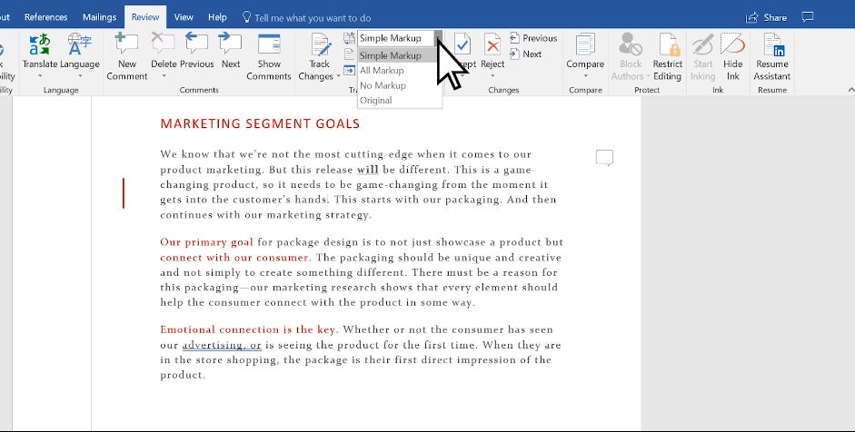 Track changes markup options- how to track changes in word