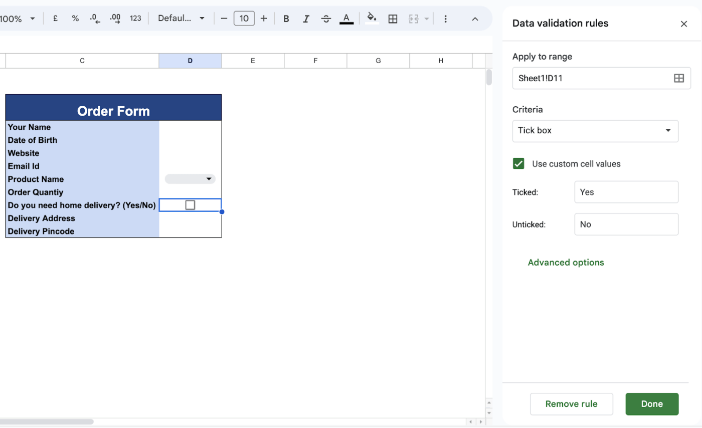 Tick box for data validation