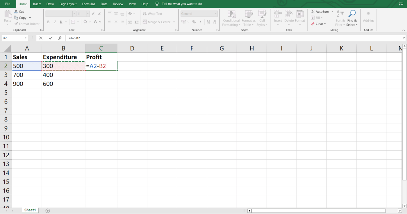 Select the appropriate cells to input the Excel formula, now visible in the formula bar