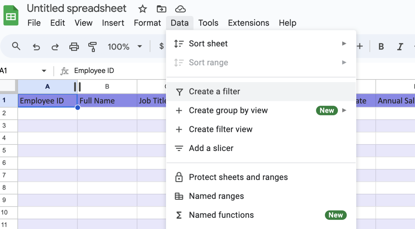 Een tabel maken in Google Spreadsheets - Filters toevoegen aan uw tabel in Google Spreadsheets