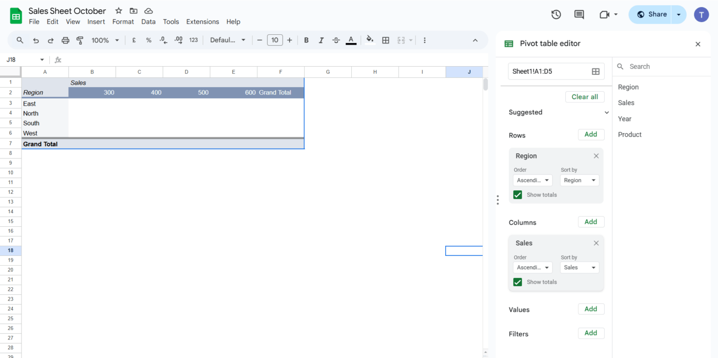 Create Google sheets pivot table: Add rows and columns