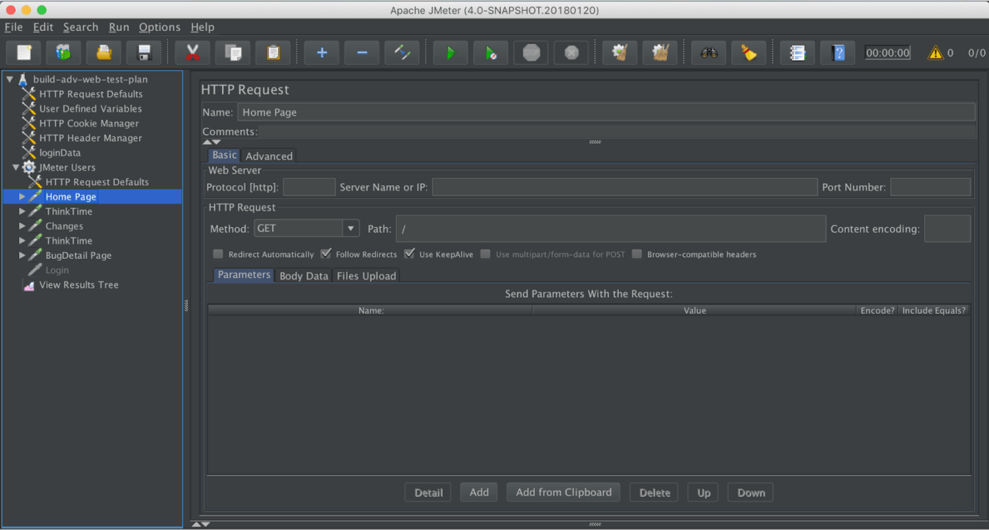 Uma captura de tela do painel da ferramenta Apache JMeter para teste de desempenho