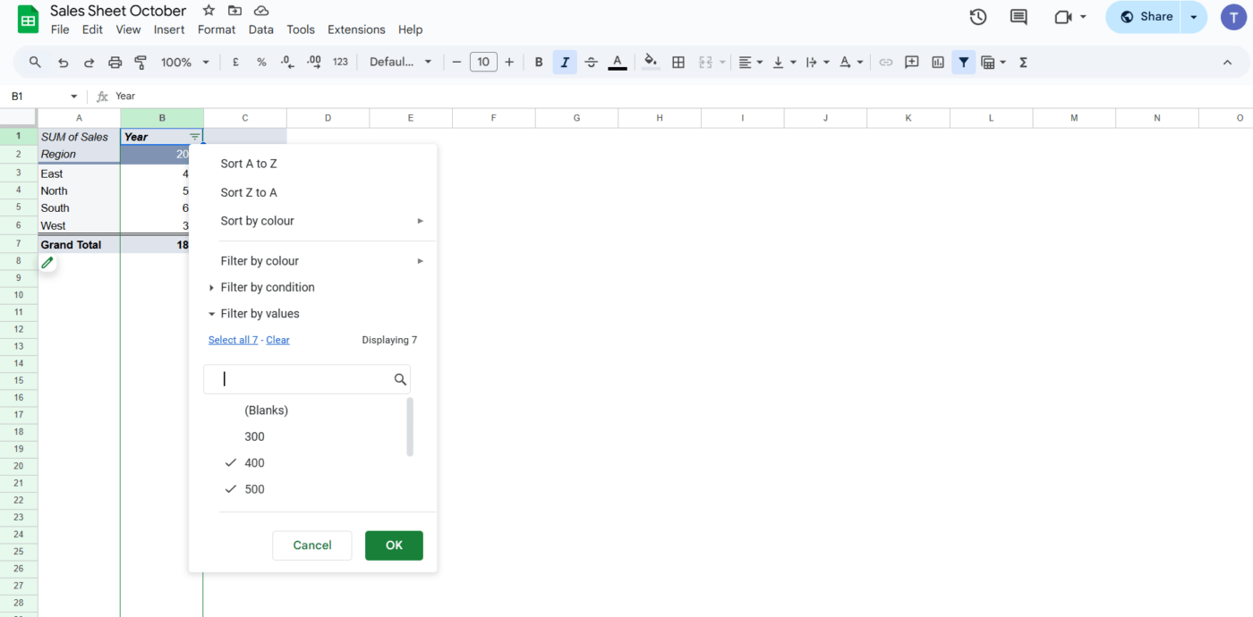 Create Google sheets pivot table: Apply filter in the sheet