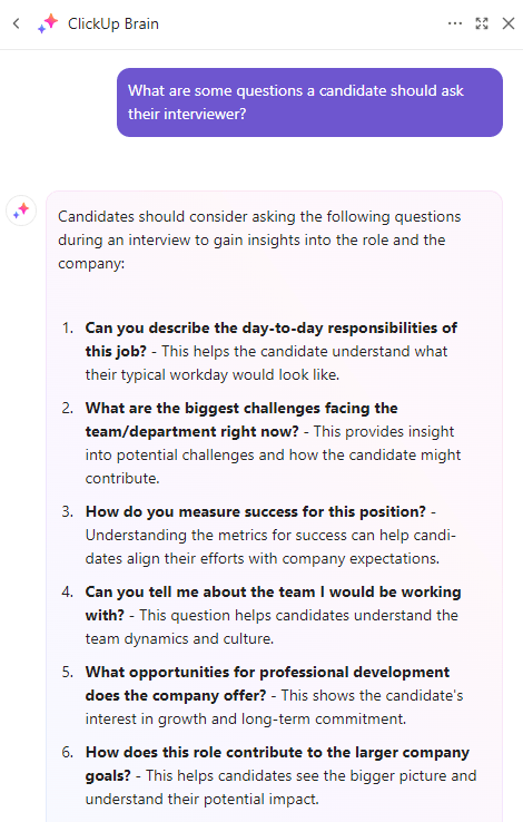 ClickUp Brain para fazer um brainstorming de perguntas para entrevistas telefônicas