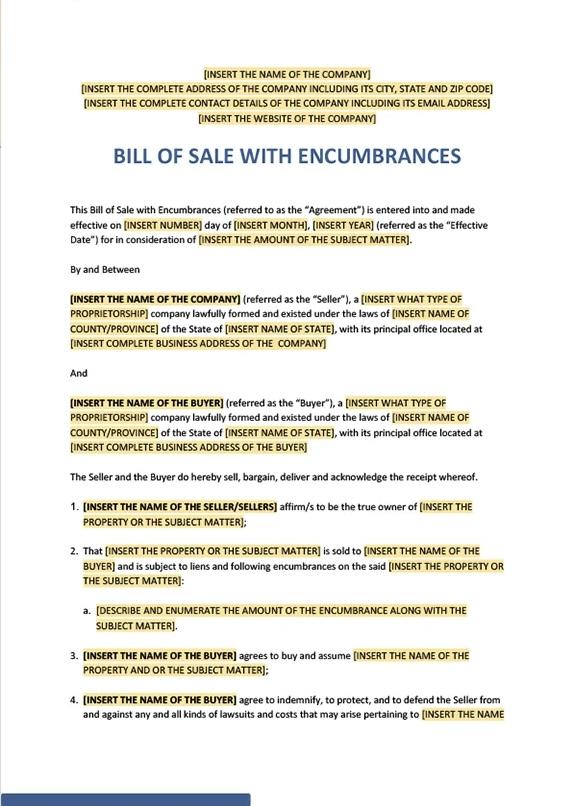 Bill of Sale With Encumbrances Template by Template.net : bill of sale template word