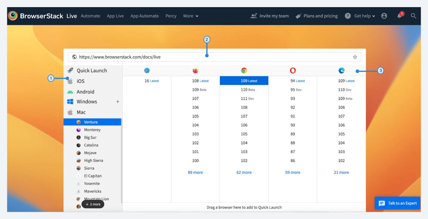 Uma captura de tela do painel da ferramenta BrowserStack.  