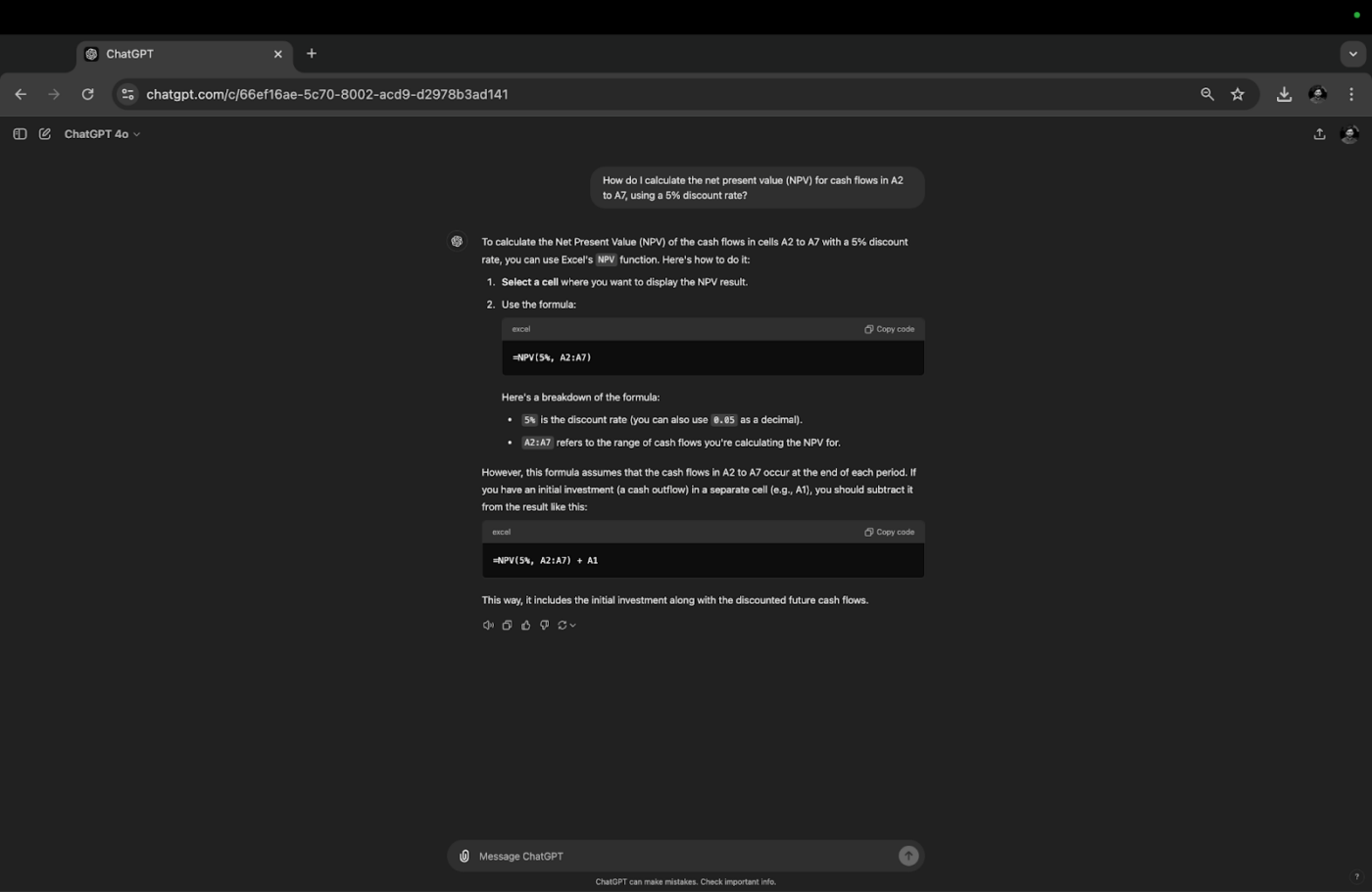 ChatGPT genereert een aangepaste NPV formule gebaseerd op een duidelijke en specifieke vraag: Hoe ChatGPT gebruiken voor Excel-formules