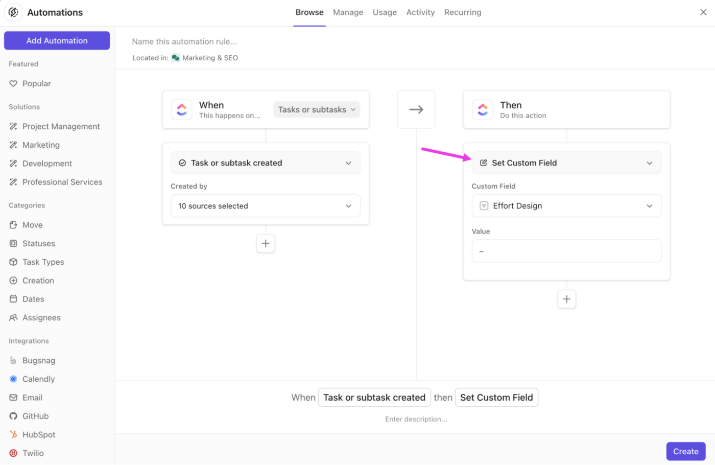 Criar automações do ClickUp para definir um campo personalizado quando uma tarefa/subtarefa for criada na exibição de tabela: Como somar uma coluna no Excel