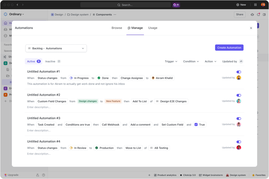 Manage ClickUp Automations to reduce the risk of human error and maintain consistency during recurring meetings