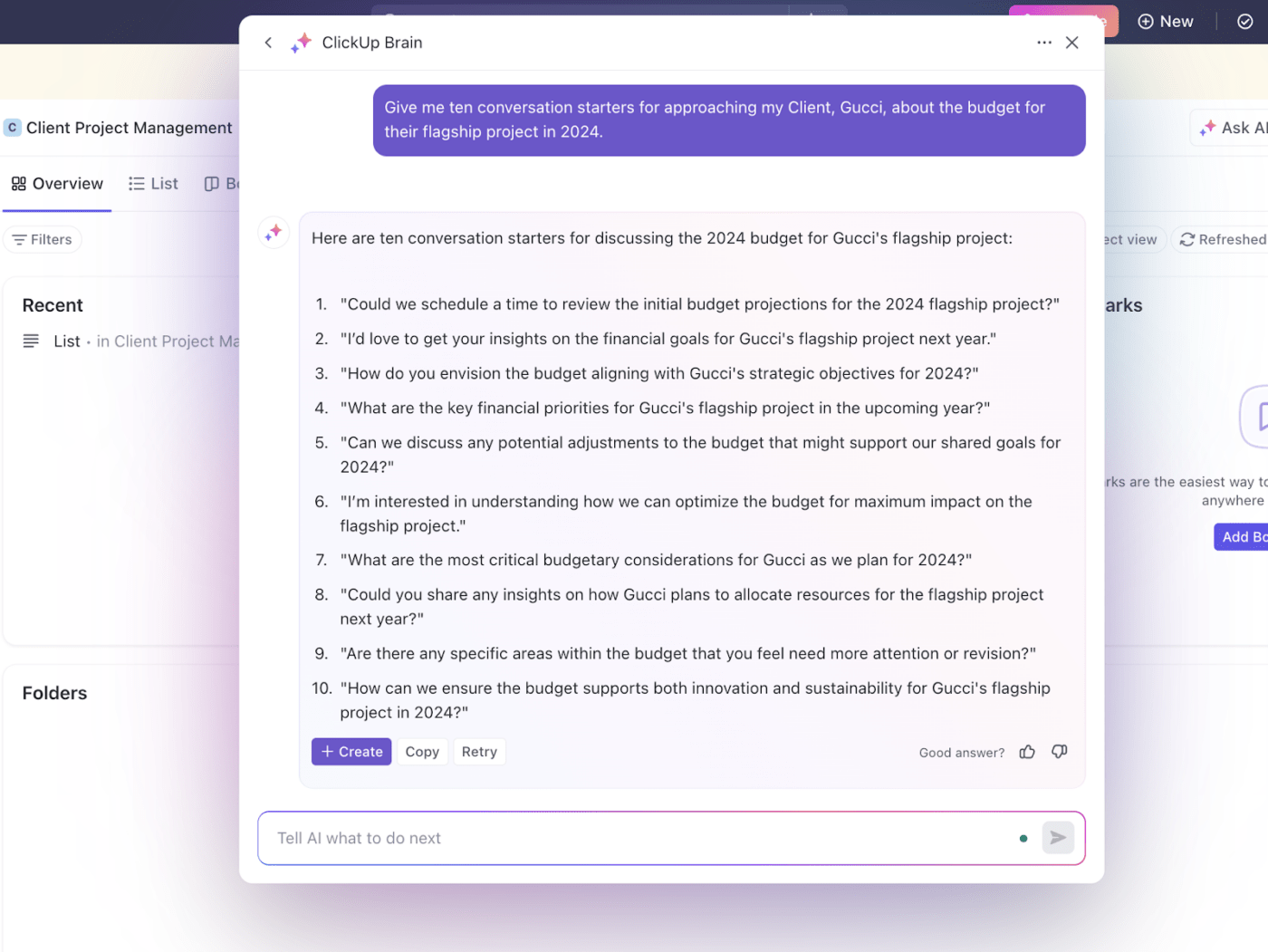 Use ClickUp Brain for better client budget tracking