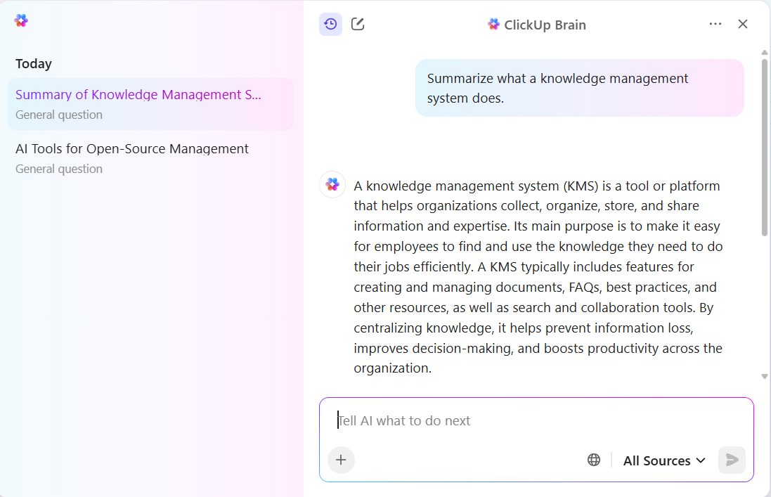 ClickUp Brain summarizing what a knowledge management system does