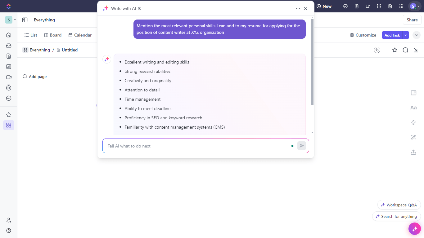 Use ClickUp Brain to create personal skills examples for resume