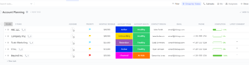 Modelo de gráfico de Gantt para planejamento de contas comerciais do ClickUp