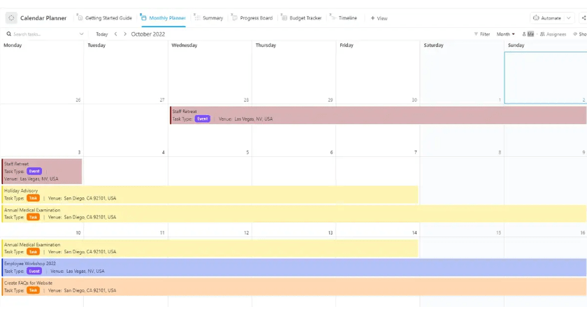 Zarządzaj wszystkimi swoimi zadaniami i utrzymuj wszystko w porządku dzięki szablonowi ClickUp Calendar Planner Template