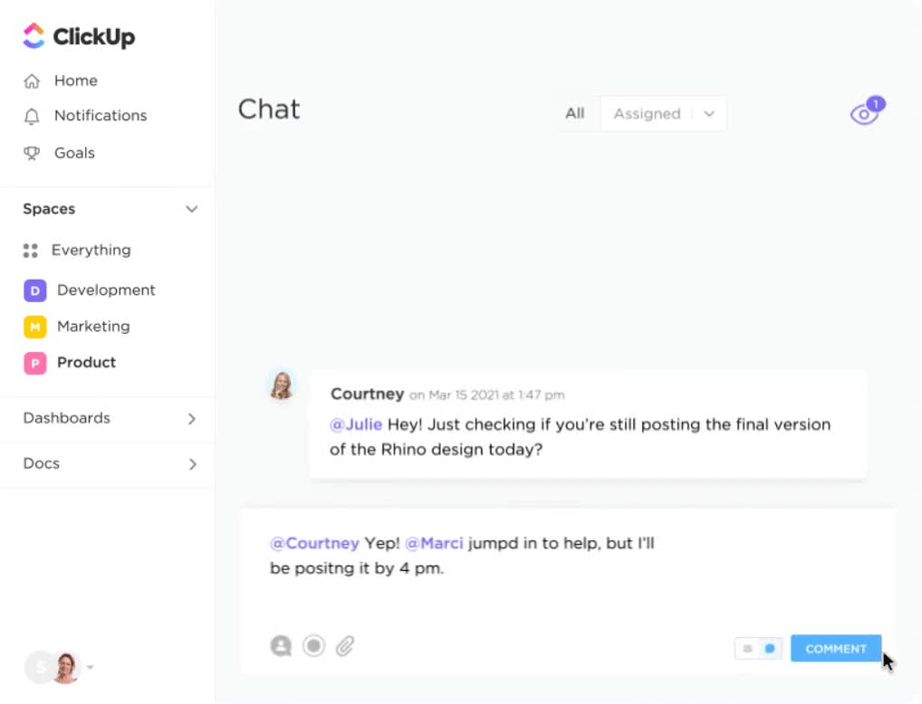 Collaborate with your change champion in real-time with ClickUp Chat