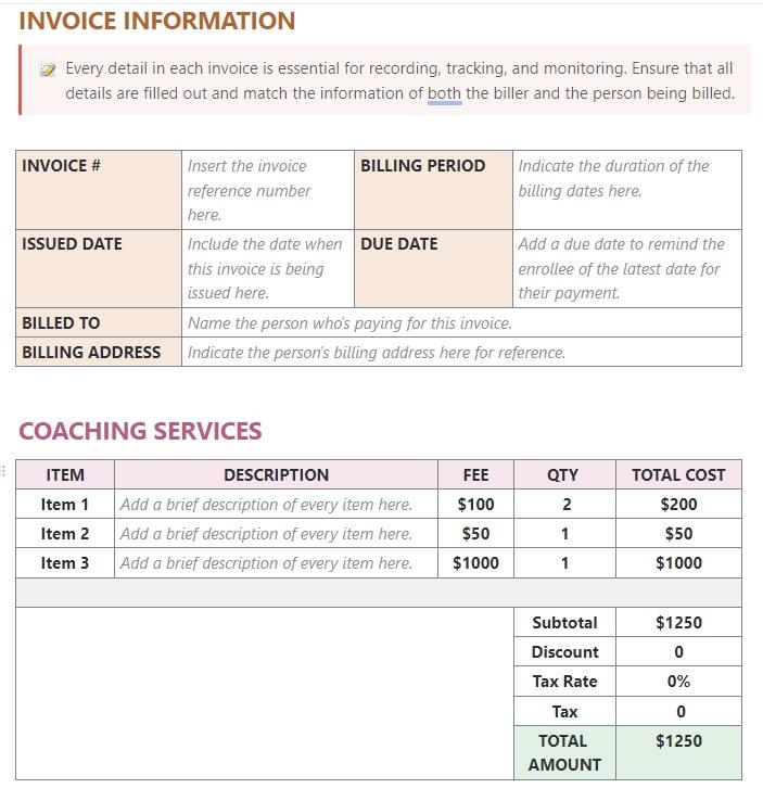 ClickUp's Coaching Invoice Template is designed to help you manage your coaching services billing processes.