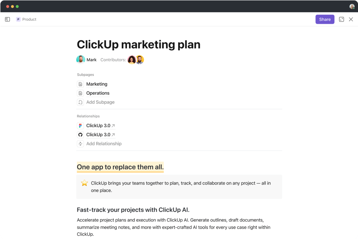 Create and share knowledge seamlessly with ClickUp Docs