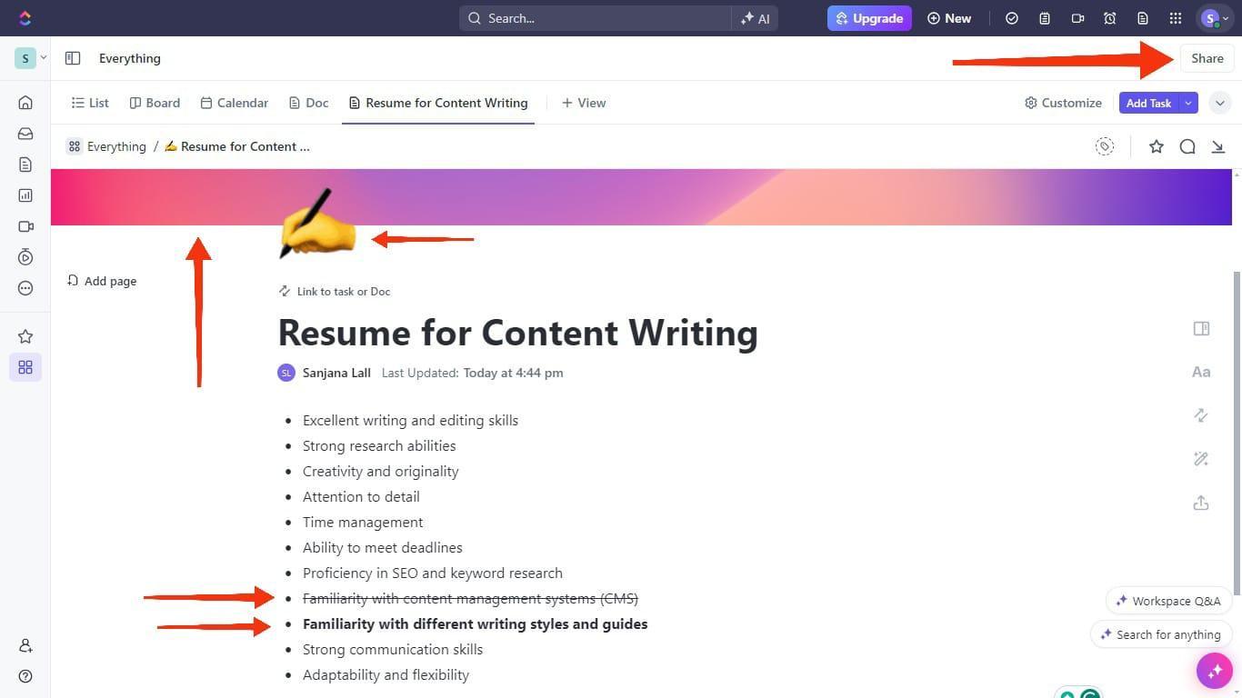 Use ClickUp Docs to note down  personal skills examples for resume