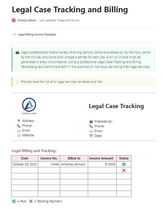 ClickUp's Legal Case Tracking and Billing Template is designed to help you track and manage legal cases in one place.