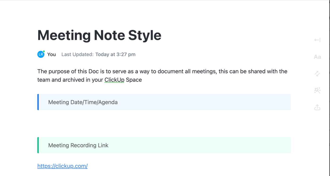 Make your virtual meet more effective with note-taking offered by ClickUp Meetings : how to introduce yourself to a new team