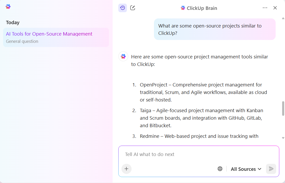 ClickUp Brain suggesting open-source alternatives