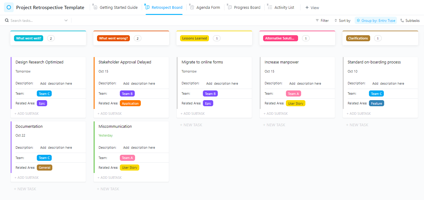 ClickUp Vorlage für Projekt-Retrospektive