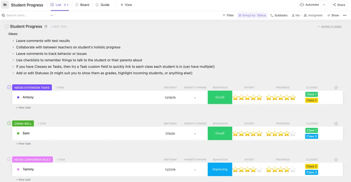 Supervise el progreso de los estudiantes e identifique áreas de mejora con la plantilla de progreso del estudiante de ClickUp