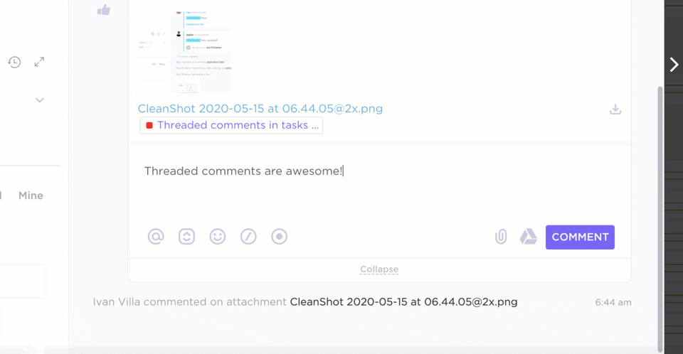 ClickUp Commentaires Filés